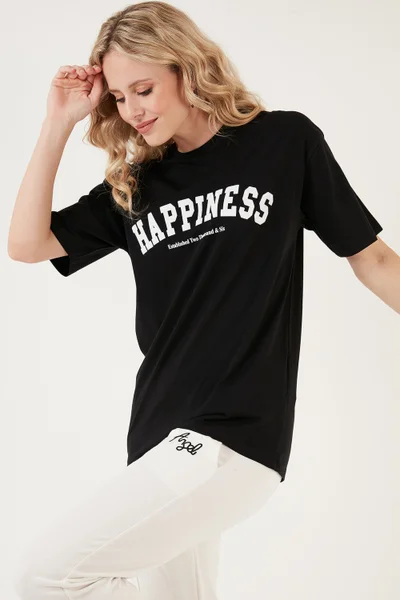 Lela Printed Cotton Oversize Crew Neck T Shirt Women's T Shirt 541HAPPINESS