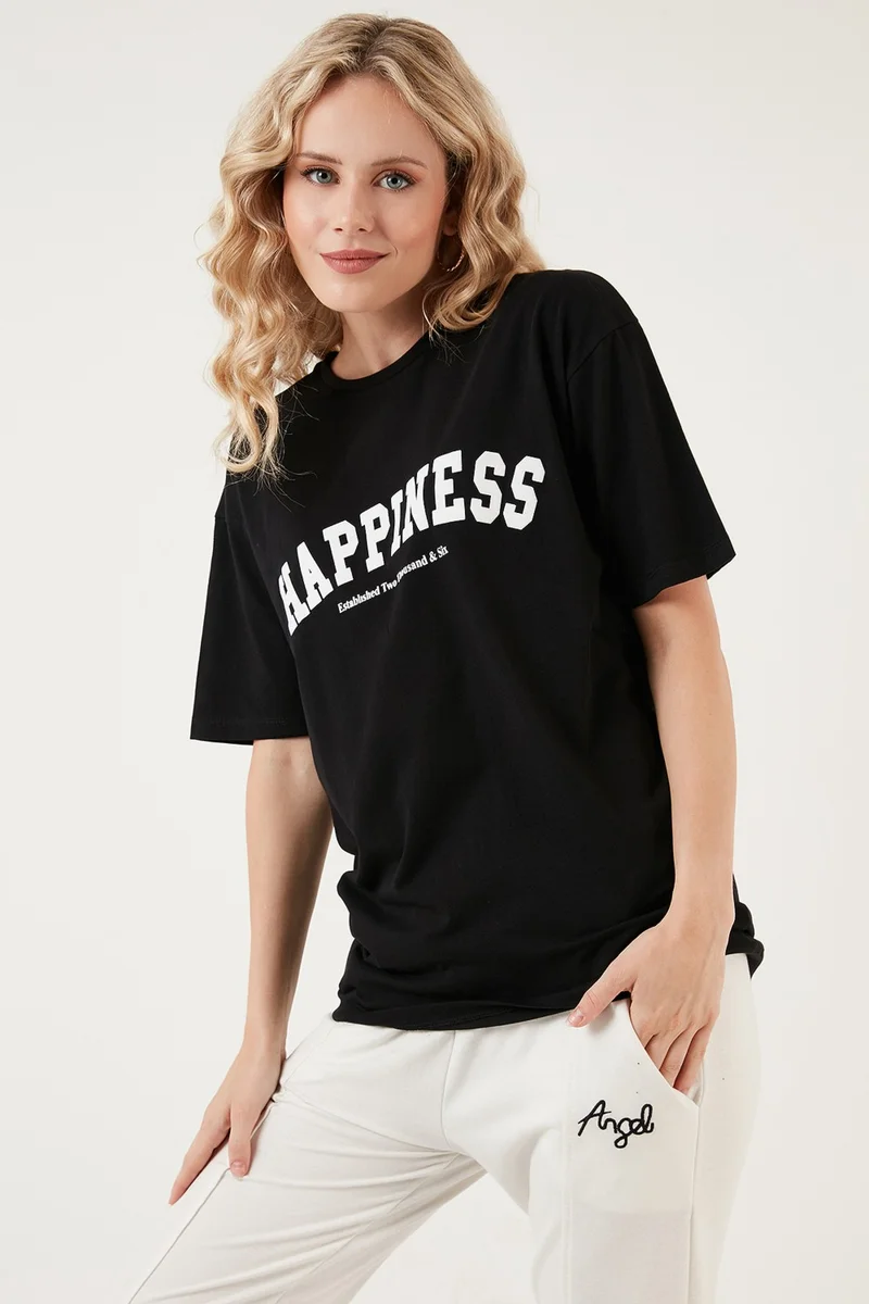 Lela Printed Cotton Oversize Crew Neck T Shirt Women's T Shirt 541HAPPINESS