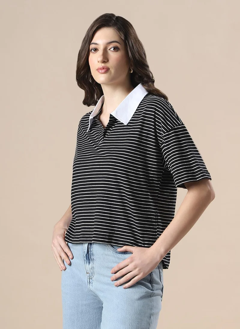 globus Globus Women White & Black Striped Collared Neck Short Sleeves Boxy Fit T-Shirt