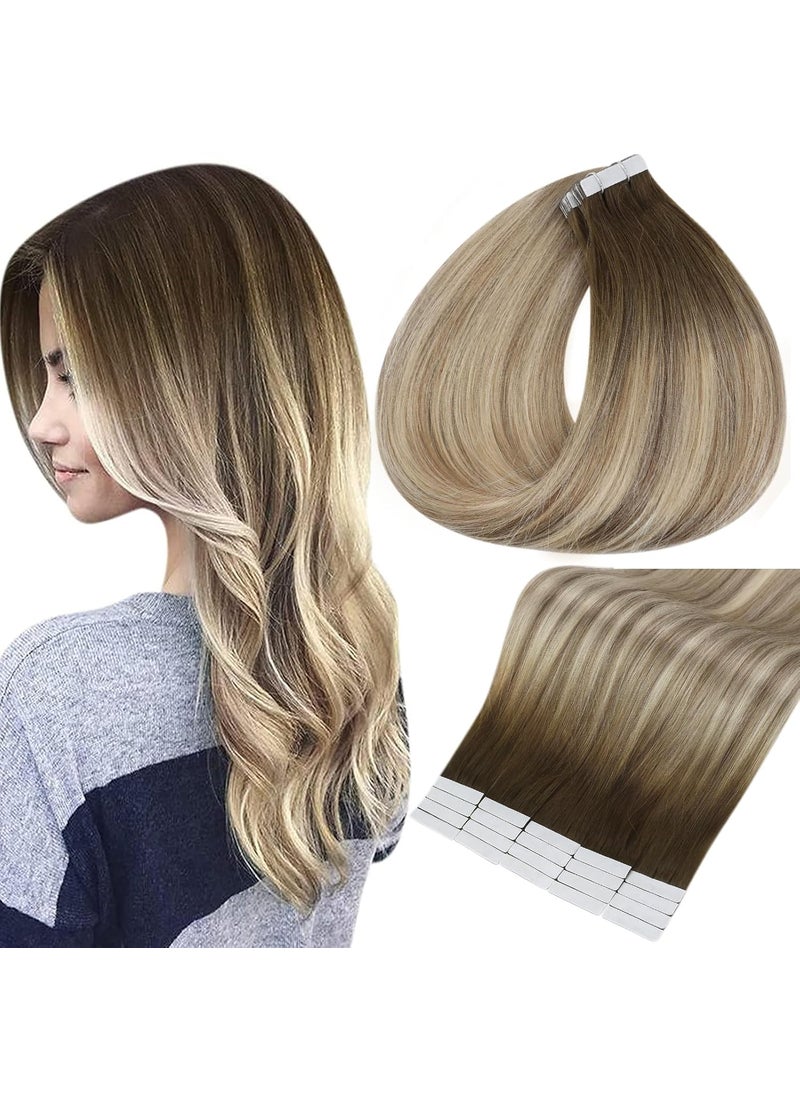 Full Shine Full Shine 22 Inch Tape Human Hair Extensions Seamless Pastel Invisible Tape Real Hair Extensions Dark Brown Roots Color 3 Fading to 8 and 22 Blonde Highlighted Balayage Tape Hair Extensions 