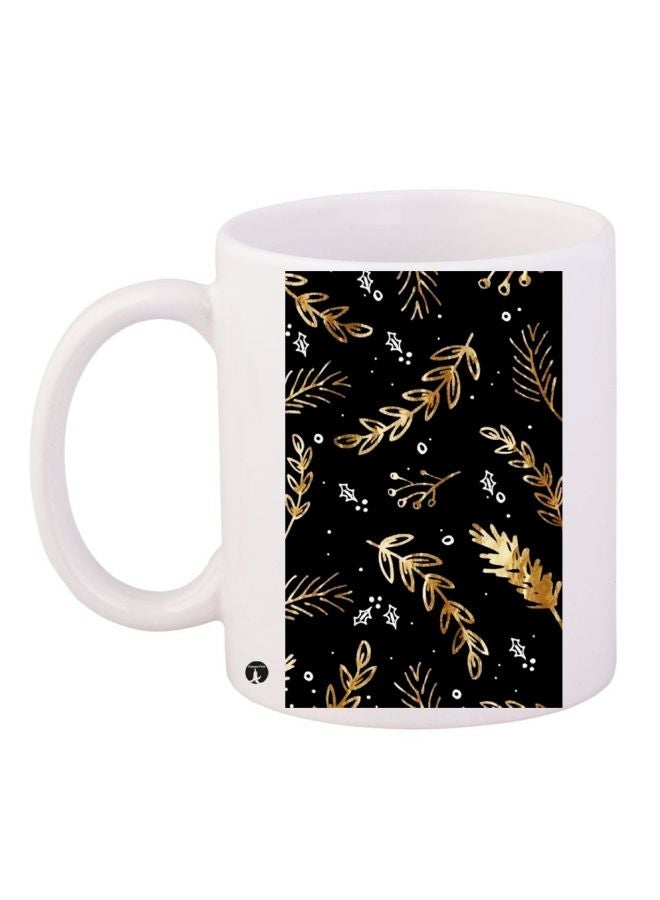 RYN Leaf Printed Coffee Mug White/Black/Gold 11ounce
