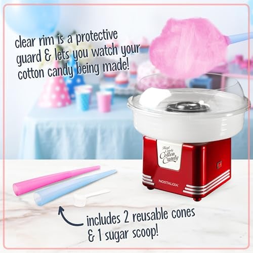 Nostalgia Cotton Candy Machine - Retro Cotton Candy Machine for Kids with 2 Reusable Cones, 1 Sugar Scoop, and 1 Extractor Head – Red - Image 3