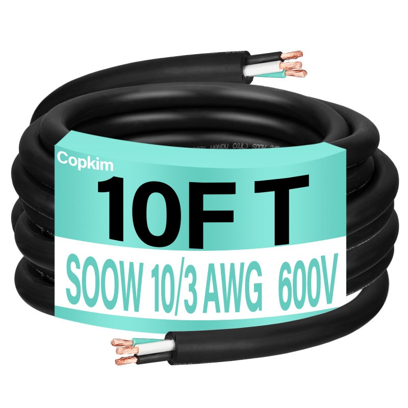 Copkim 103 AWG 10 ft SOOW Power Cable 600V 10 Gauge Portable 3 Conductor Electric Wire Rubber Electrical Cord CPE Insulation Jacket for Portable Lights Battery Chargers Machinery