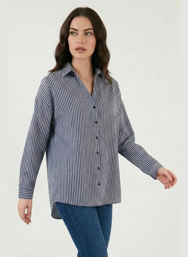 ليلا Lela Striped Oversize Fit Classic Collar Long Sleeve Shirt Women's SHIRT 6925475