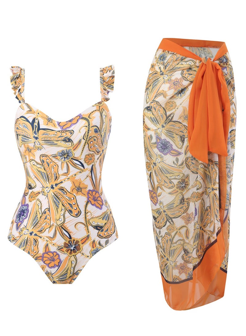 2pcs one piece swimsuit lace up swimsuit maxi skirt swimsuit set  - Image 1