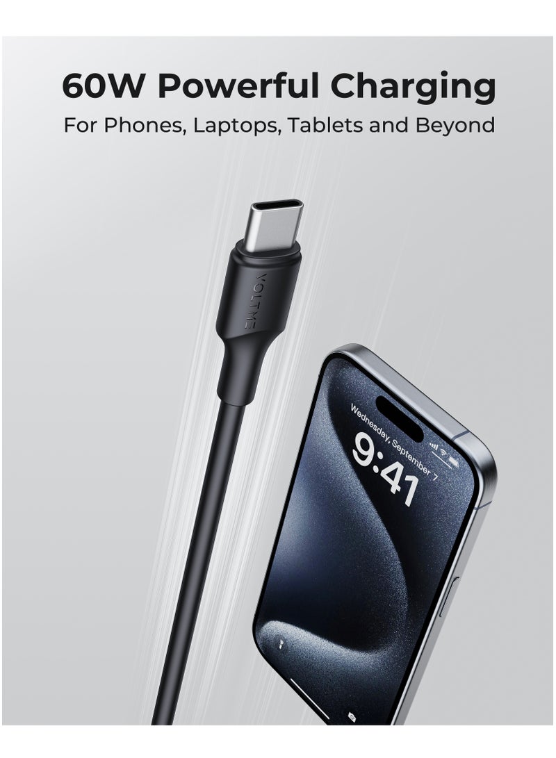VOLTME 60W USB Type A to Type C Fast Charging Cable 1.2m (4.0ft), Durable Silicone, Compatible with iPhone 16/15/15 Pro/15 Plus/15 Pro Max, iPad Mini 6/Pro 2022, MacBook Air, Samsung Galaxy S25/S24/S23, and All Type C Enabled Devices - Tangle-Free, Supports High-Speed ​​Data Transfer - Black  - Image 2