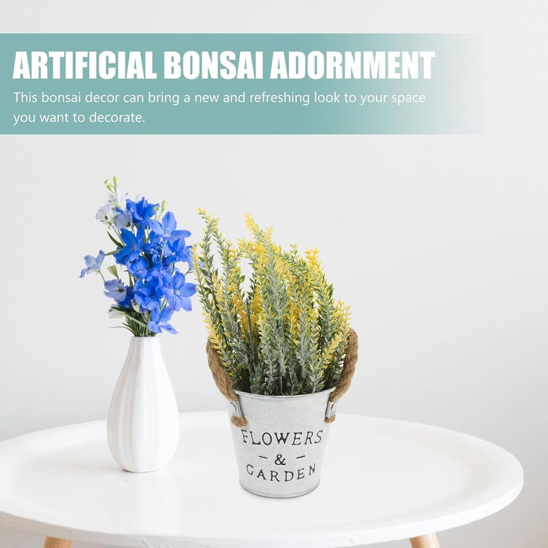 Toyvian Artificial Lavender Bonsai Plant with Vintage Metal Pot, Faux Potted Plant Home Décor, Yellow Faux Flower Decoration for Office and Indoor Display - Image 4
