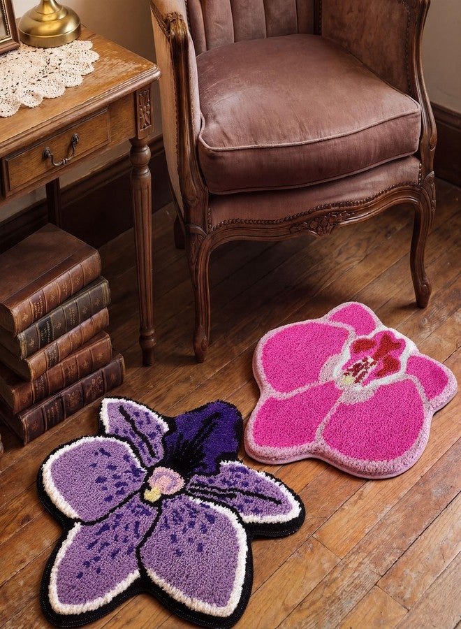 Dunzy 2 Pcs Flower Bath Rug Set 20 x 20 Inches Phalaenopsis Plant Carpet Pink Purple Funny Floral Bath Mat Soft Fluffy Plush Non-Slip Rug for Bathroom Bedroom Living Room Kitchen - Image 1