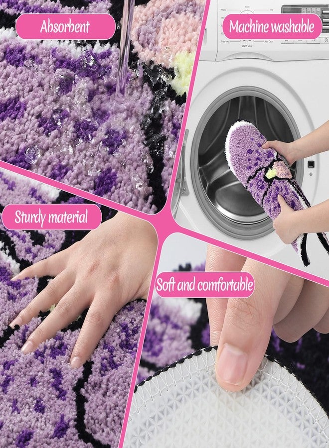 Dunzy 2 Pcs Flower Bath Rug Set 20 x 20 Inches Phalaenopsis Plant Carpet Pink Purple Funny Floral Bath Mat Soft Fluffy Plush Non-Slip Rug for Bathroom Bedroom Living Room Kitchen - Image 3