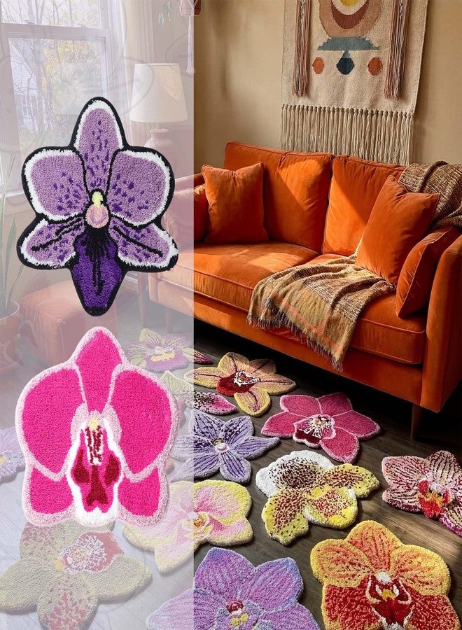 Dunzy 2 Pcs Flower Bath Rug Set 20 x 20 Inches Phalaenopsis Plant Carpet Pink Purple Funny Floral Bath Mat Soft Fluffy Plush Non-Slip Rug for Bathroom Bedroom Living Room Kitchen - Image 4