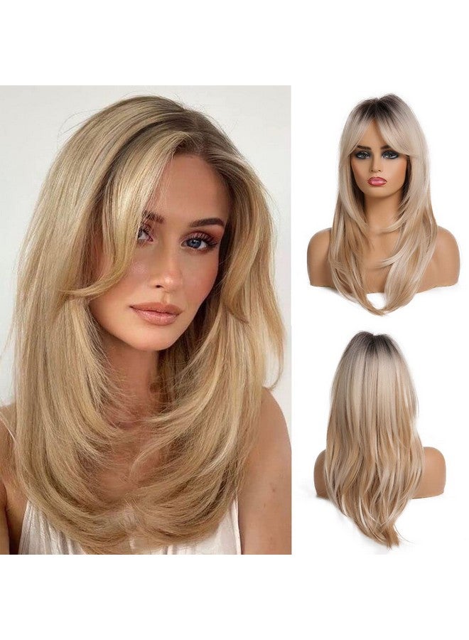 اسمي باروكات شعر صناعية طويلة مستقيمة بطول 20 بوصة مع جذور داكنة وطبقات من الشعر للنساء للاستخدام اليومي في الحفلات. - Image 1