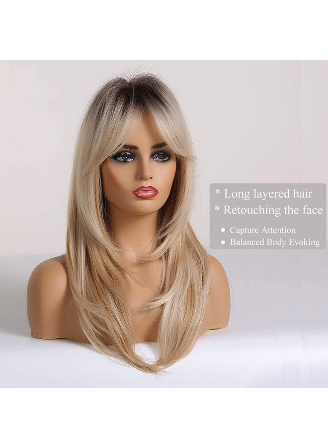 اسمي باروكات شعر صناعية طويلة مستقيمة بطول 20 بوصة مع جذور داكنة وطبقات من الشعر للنساء للاستخدام اليومي في الحفلات. - Image 2