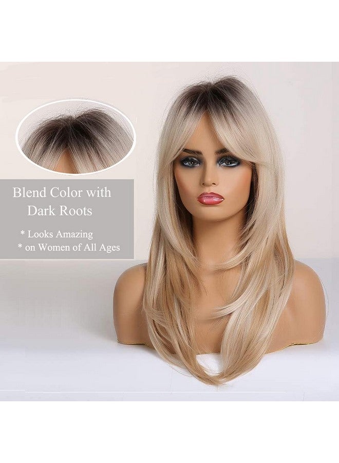 اسمي باروكات شعر صناعية طويلة مستقيمة بطول 20 بوصة مع جذور داكنة وطبقات من الشعر للنساء للاستخدام اليومي في الحفلات. - Image 3