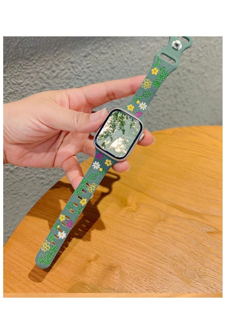 Engraved Floral silm Silicone Strap for Apple Watch Ultra Band 49mm 46mm 45mm 40mm 41mm Bracelet Fashion IWatch Series 10 9 8 7 - Green - Image 1