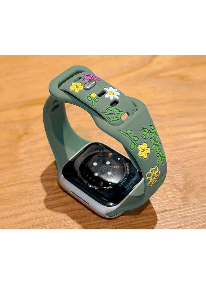 Engraved Floral silm Silicone Strap for Apple Watch Ultra Band 49mm 46mm 45mm 40mm 41mm Bracelet Fashion IWatch Series 10 9 8 7 - Green - Image 2