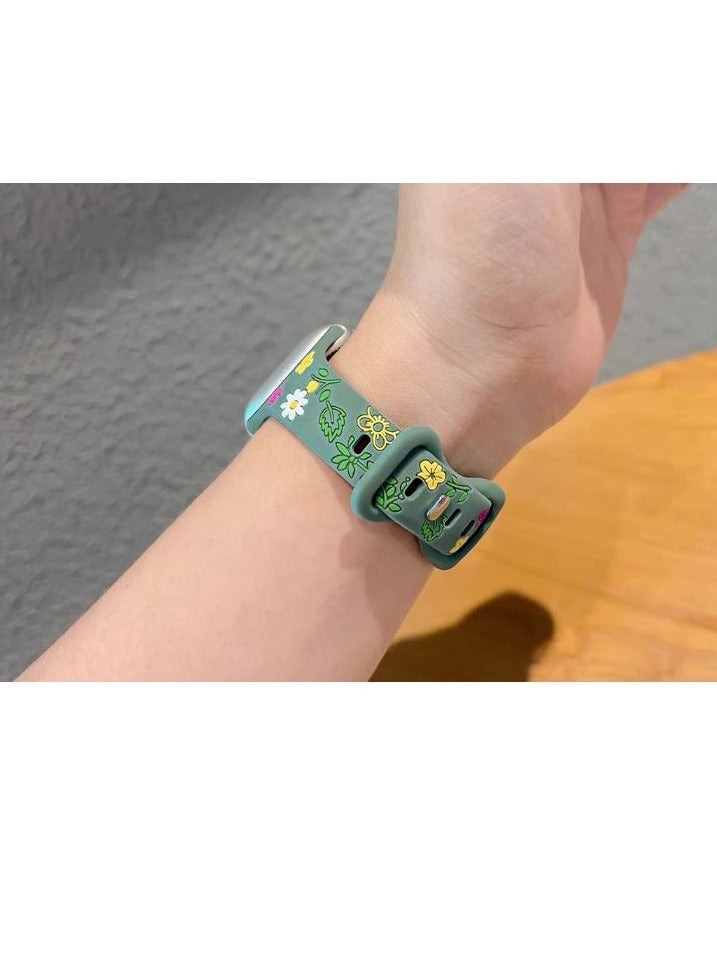 Engraved Floral silm Silicone Strap for Apple Watch Ultra Band 49mm 46mm 45mm 40mm 41mm Bracelet Fashion IWatch Series 10 9 8 7 - Green - Image 3