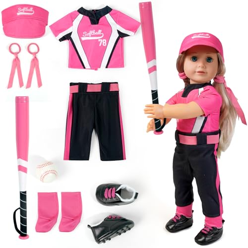 ARTST Softball Uniform Doll Outfit18 inch Doll Clothes and Accessories SetHat Baseball Clothing Bat Shoes Socks Valentines Gifts for Girls Spring TBall - Image 1