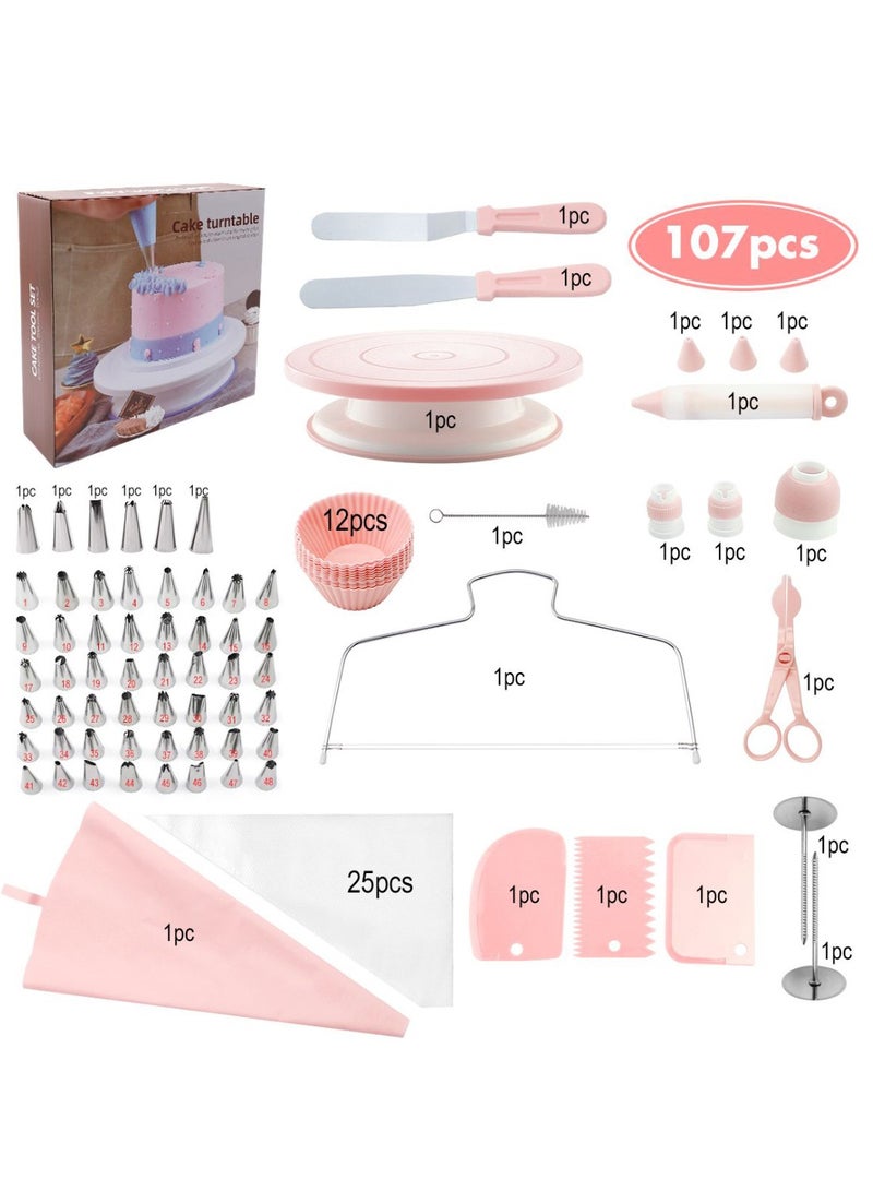 107 جهاز كمبيوتر شخصي كيك ديكور مجموعة للمبتدئين يتضمن دورة الفيديو، كتيب + هدية الإمدادات الخبز - كعكة الوقوف، مستوى، نصائح الأنابيب المرقمة، مباشرة ومقاطعة الشقق، ومجموعات الكشط الوردي - Image 1