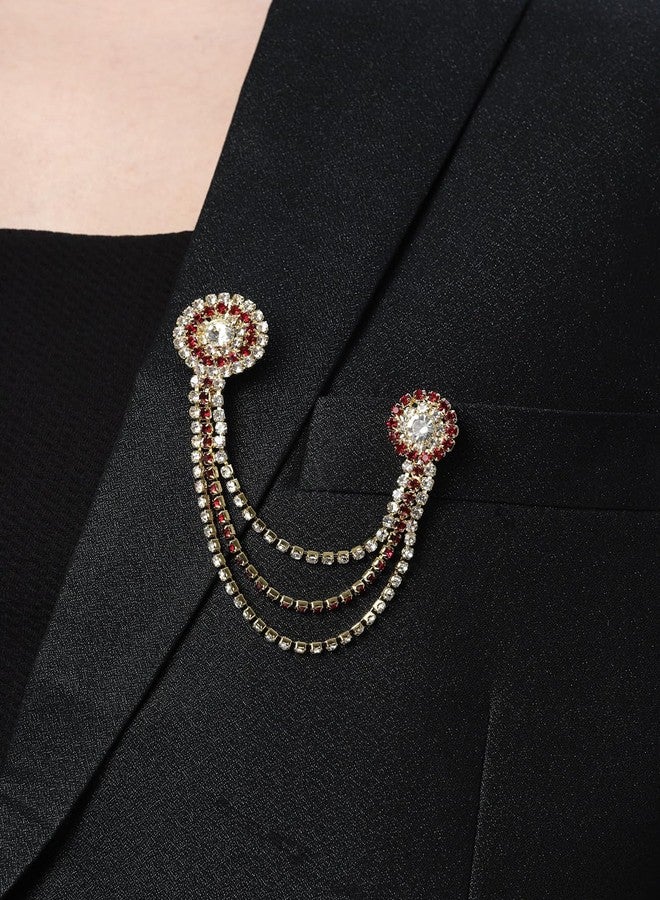 sanjog Unisex Gold-Toned & Maroon &White Embellished American Diamond Brooch Lapel Pin - Image 2