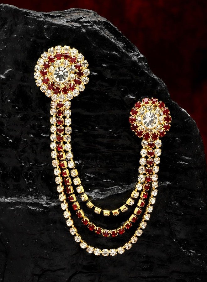 sanjog Unisex Gold-Toned & Maroon &White Embellished American Diamond Brooch Lapel Pin - Image 3