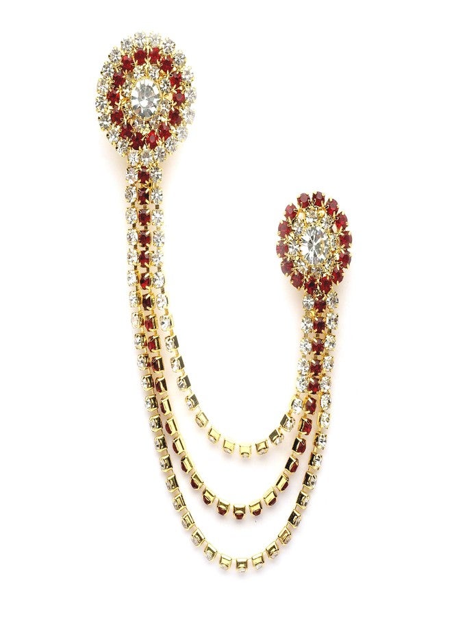 sanjog Unisex Gold-Toned & Maroon &White Embellished American Diamond Brooch Lapel Pin - Image 1