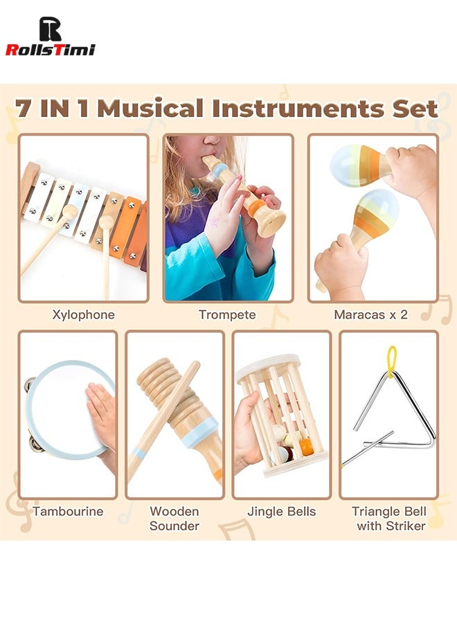رولستيمي خشبية الطفل الآلات الموسيقية-7 قطعة مونتيسوري خشبية الطفل الموسيقية اللعب ، الدف للأطفال ، إكسيليفون ، قرع الآلات ، الطفل ماراكاس ، الصغار هدايا للطفل صبي الفتيات - Image 3