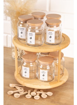 DNS Home 10-Piece Wooden Plain Vacuum Glass Spice Jar Set with Lids, Spoons, Rotating Stand and Label Storage Jar  - Image 2
