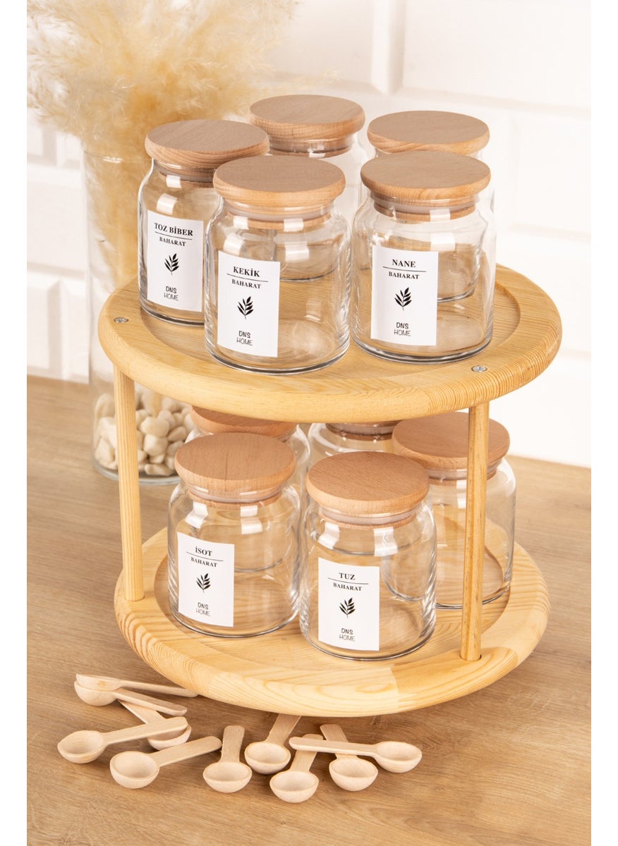 DNS Home - 10-Piece Wooden Plain Vacuum Glass Spice Jar Set with Lids, Spoons, Rotating Stand and Label Storage Jar - Image 1