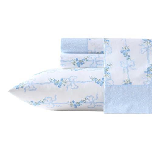 Laura Ashley Full Size Sheet Set Crisp Lightweight Cotton Percale Bedding with Fitted Sheet and Pillowcases Floral Room Decor Deep Pocket College Dorm Room Essentials Floral Ribbon Blue - Image 3