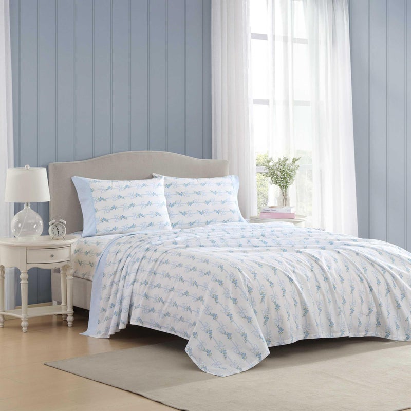 Laura Ashley Full Size Sheet Set Crisp Lightweight Cotton Percale Bedding with Fitted Sheet and Pillowcases Floral Room Decor Deep Pocket College Dorm Room Essentials Floral Ribbon Blue - Image 2