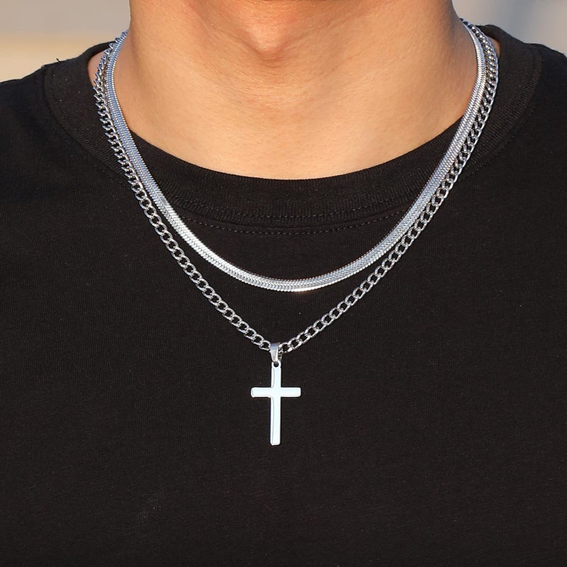 Zocomi Silver Cross Necklace for Men Boys Chain Cuabn Link Chain with Cross Pendant Mens Necklace Herringbone Easter Basket Stuffers Essentials Gifts Jewelry for Teen Boys Teenage Kids Set 16 18inch - Image 2