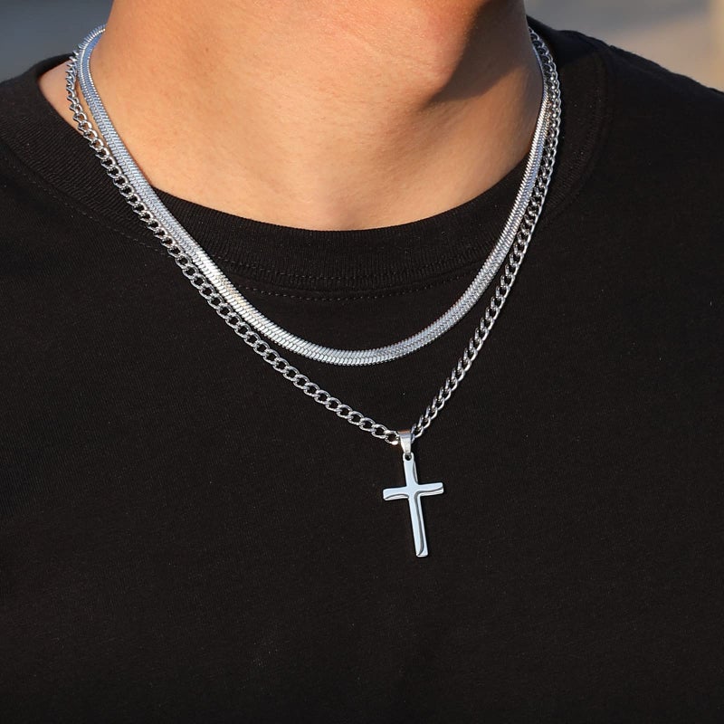 Zocomi Silver Cross Necklace for Men Boys Chain Cuabn Link Chain with Cross Pendant Mens Necklace Herringbone Easter Basket Stuffers Essentials Gifts Jewelry for Teen Boys Teenage Kids Set 16 18inch - Image 3