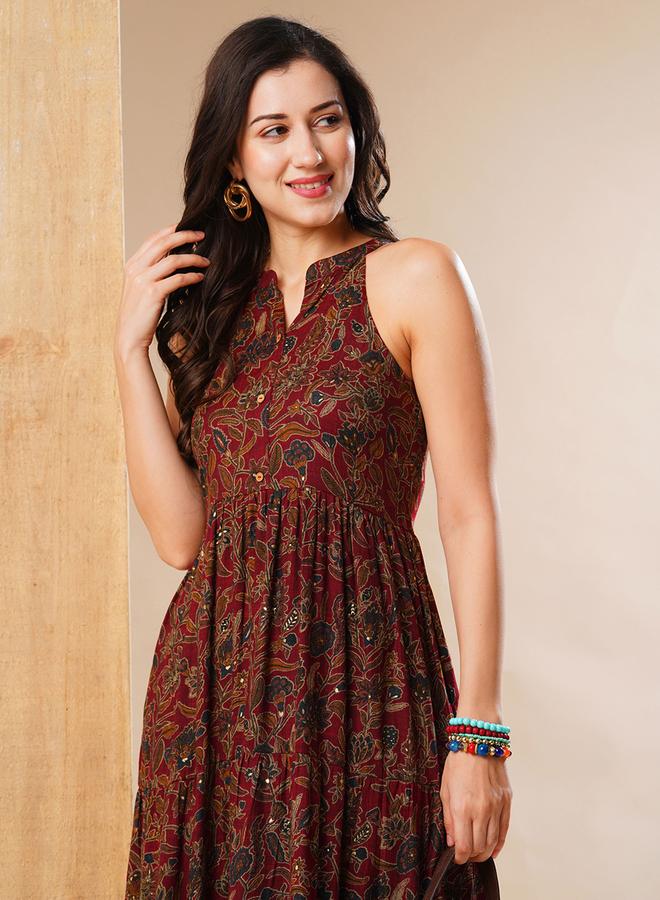 جلو باص فستان طويل بطبقات وياقة ماندارين - Image 5