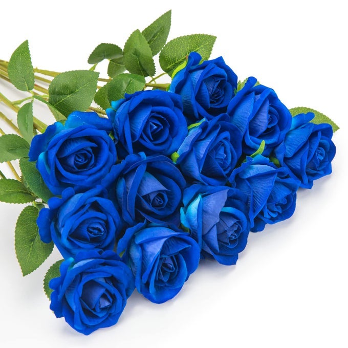 12 PCS ARTIFICIAL ROSES FAKE FLANNEL FLOWERS SINGLE LONG STEM BLOOMS WITH ROSE BUDS DECORATIVE FLOWERS FOR WEDDING HOME GARDEN BIRTHDAY PARTY DECORATION BLUE