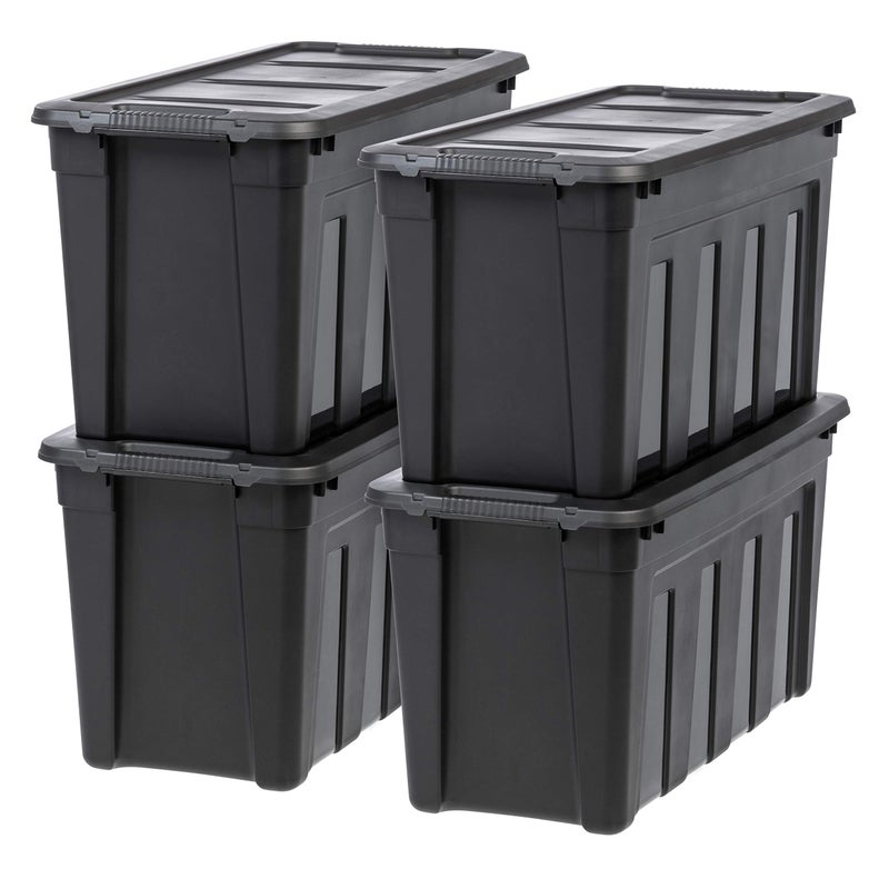 IRIS USA 31 Gallon Heavy Duty Storage Totes with EasyGrip Handles 4 Pack  Large Bins with Lids Garage Organizing Tubs Durable Stackable Utility Containers Made in USA  Black