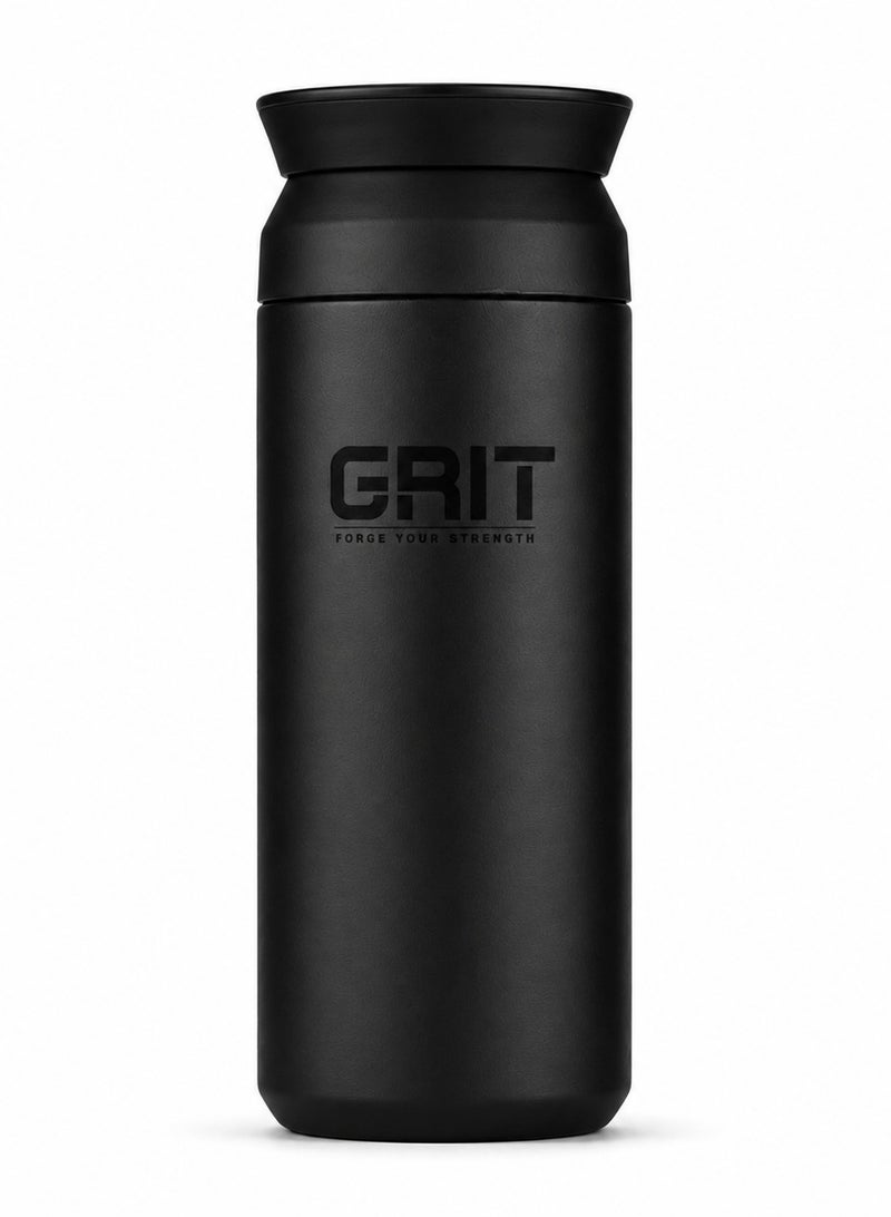 GRIT Insulated Flask Bottle 350ml - Hot & Cold Stainless Steel Flask - Modern Compact Design, Comfortable Grip & Leakproof Lid - Black Stainless Steel Flask - Image 1