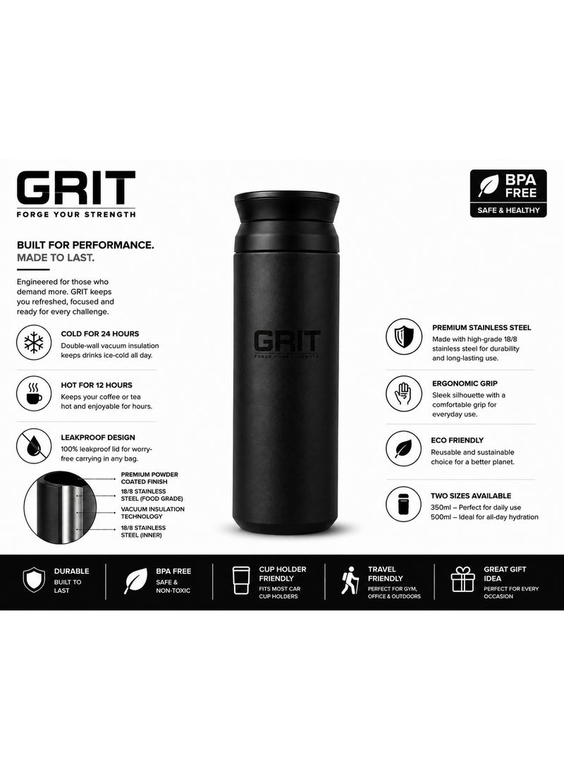 GRIT Insulated Flask Bottle 350ml - Hot & Cold Stainless Steel Flask - Modern Compact Design, Comfortable Grip & Leakproof Lid - Black Stainless Steel Flask - Image 2