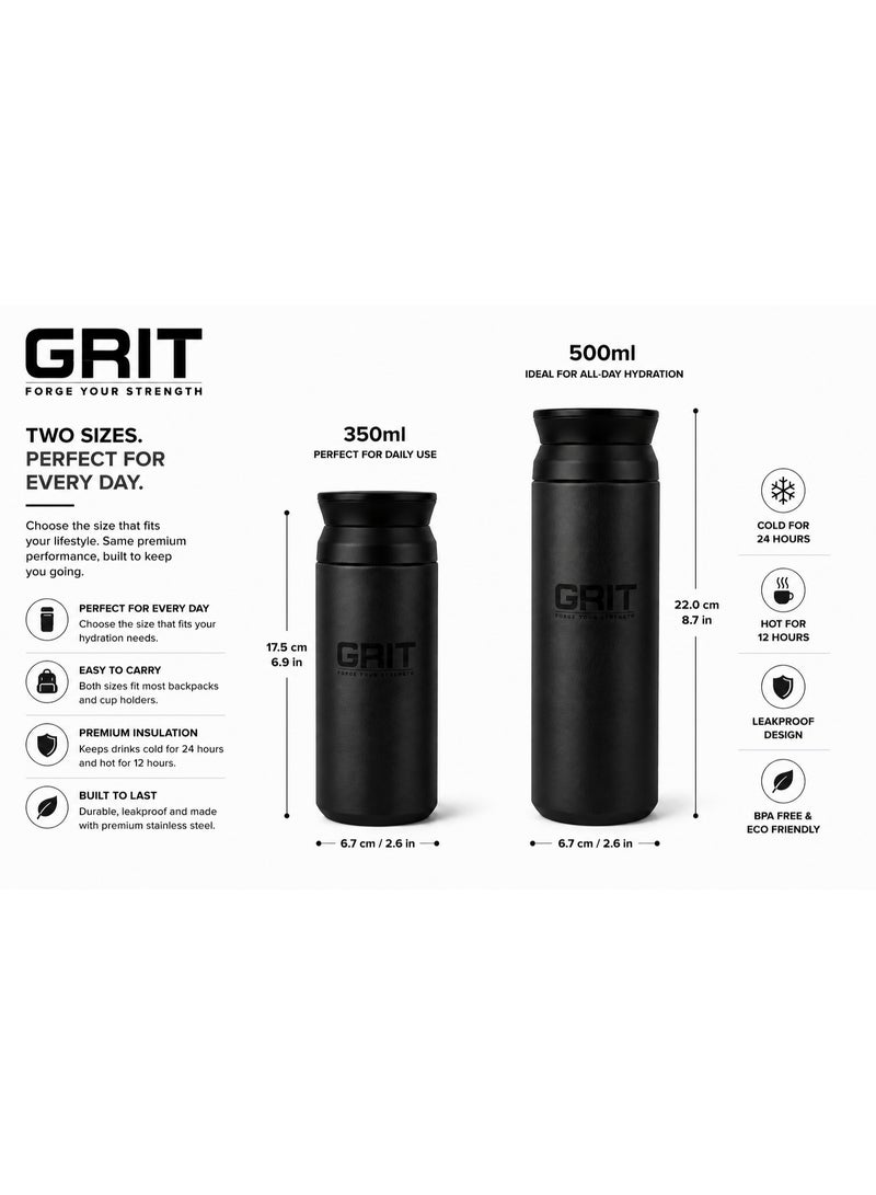 GRIT Insulated Flask Bottle 350ml - Hot & Cold Stainless Steel Flask - Modern Compact Design, Comfortable Grip & Leakproof Lid - Black Stainless Steel Flask - Image 4