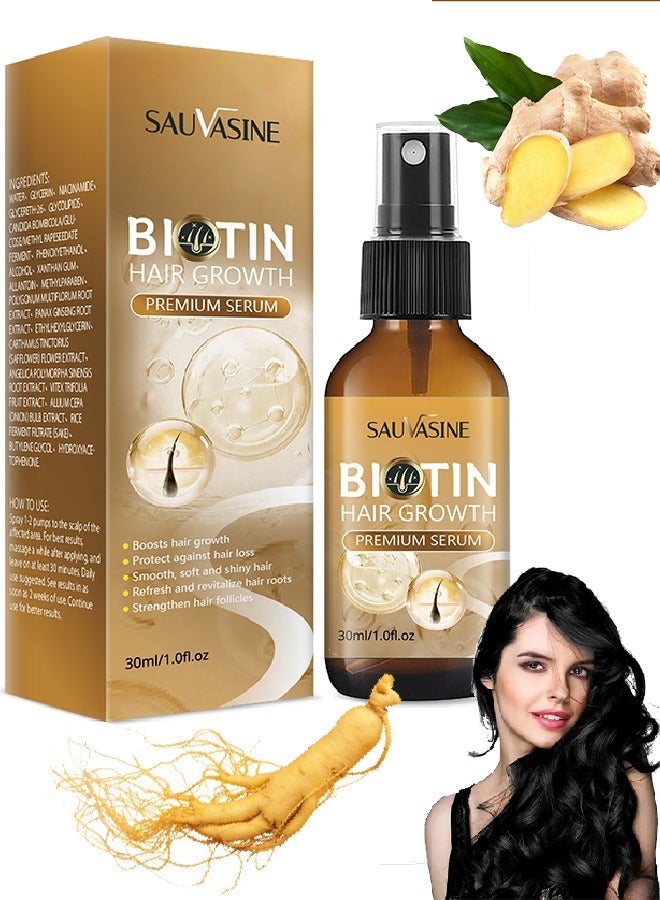 SAUVASINE Biotin Hair Growth Premium Serum, Hair Thickening Serum with Castor Oil, Ginger Root Extract, Volumizing Hair Thickening Serum for Hair Growth, Reduces Hair Loss 30ml - Image 1