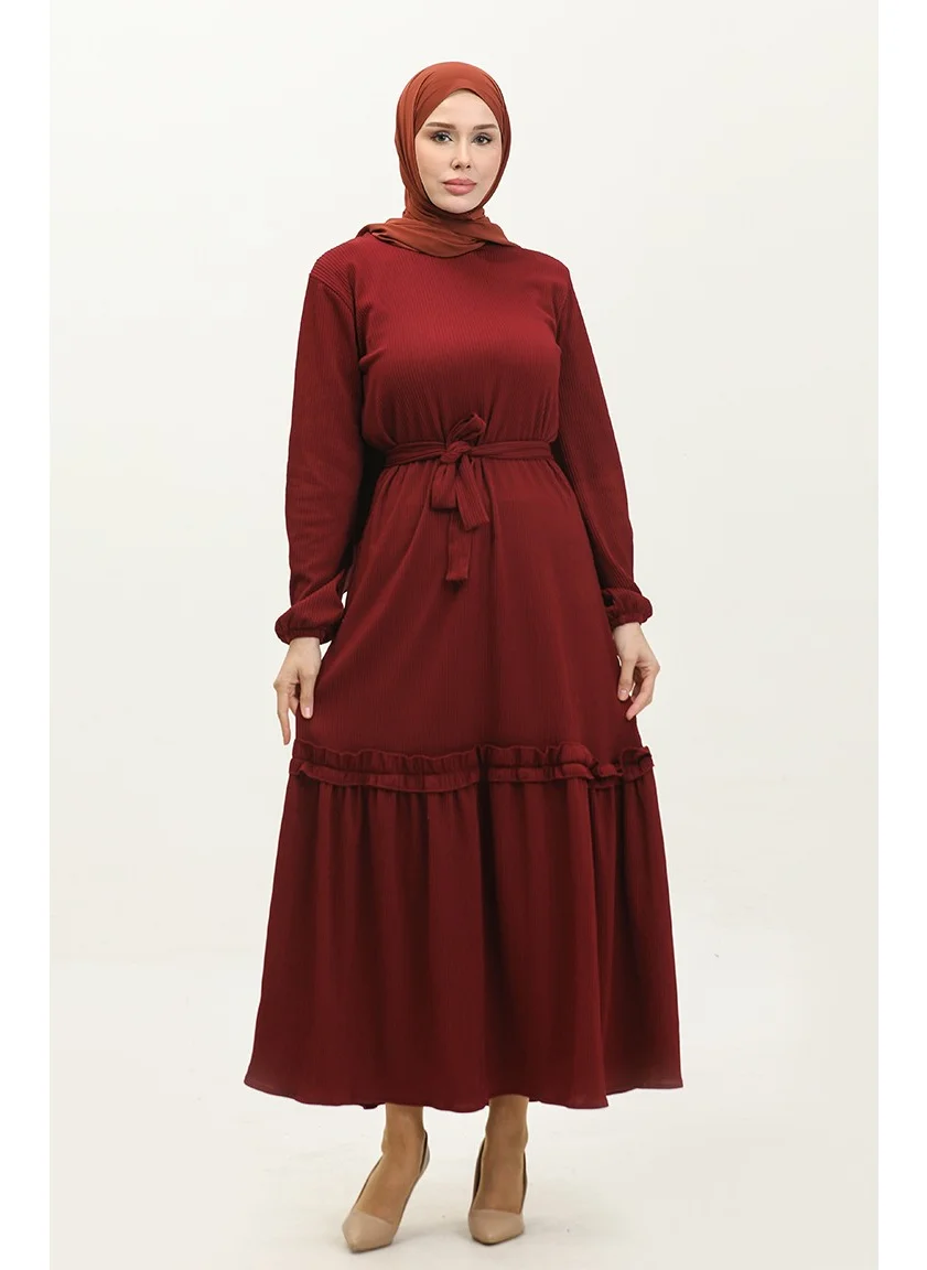 Sefa Merve Belgüzar Skirted Pleated Dress NZR003A-06 Dark Claret Red