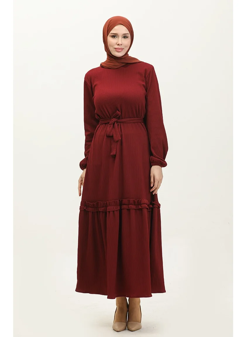 Sefa Merve Belgüzar Skirted Pleated Dress NZR003A-06 Dark Claret Red