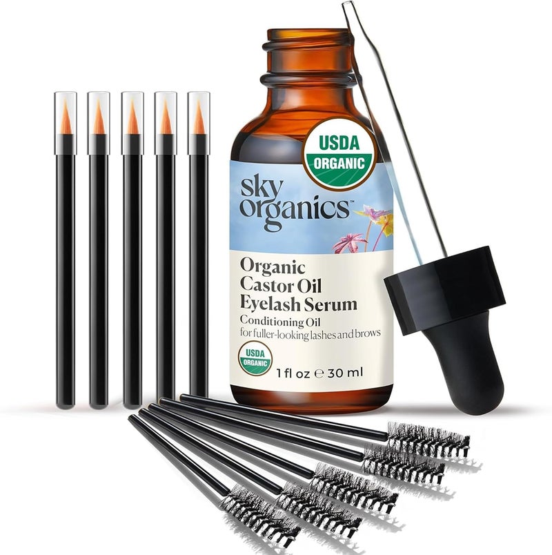 Sky Organics زيت الخروع العضوي من سكاي أورغانيكس سيروم للرموش والحواجب، زيت مرطب خالي من الهكسان يعزز مظهر رموش وحواجب أكثر كثافة، 100% نقي ومعصور على البارد معتمد من وزارة الزراعة الأمريكية 1 أونصة سائلة / 30 مل - Image 1