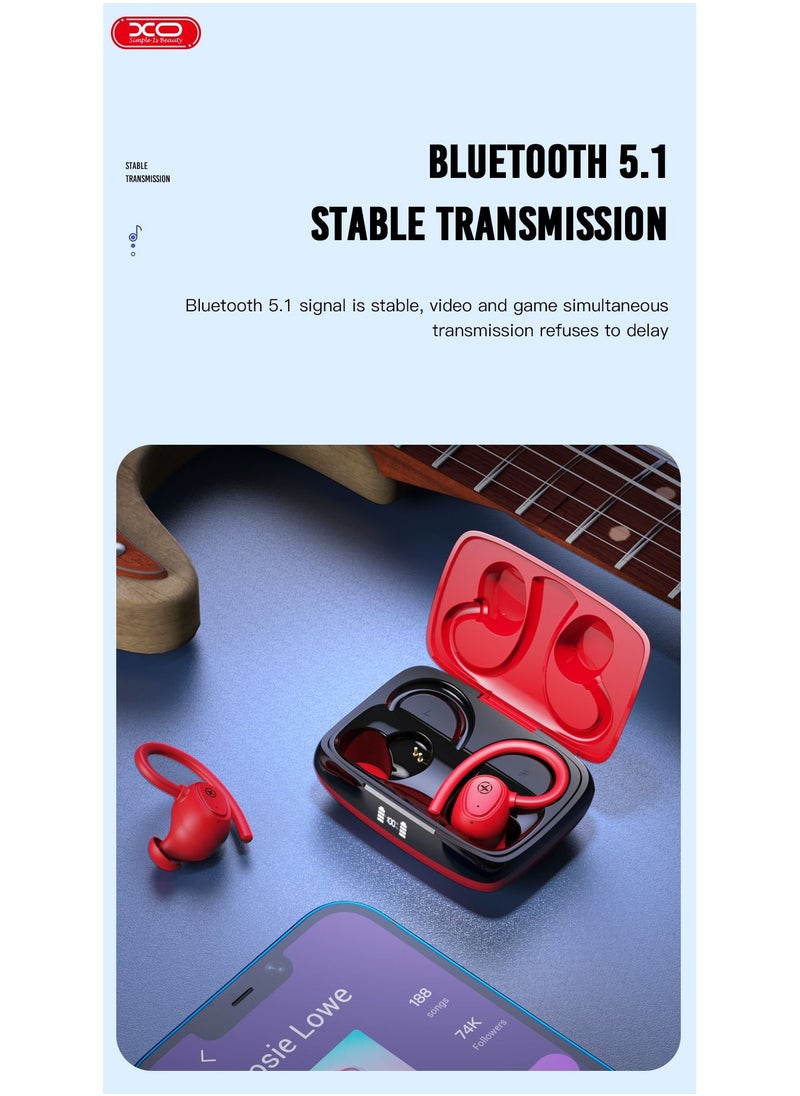 XO - XO G2 Stereo Wireless Earphones Over-Ear Hooks Headphones Bluetooth V5.1 Stereo Sound Wireless Earphones for Gym, Yoga, Running etc (Red) - Image 1