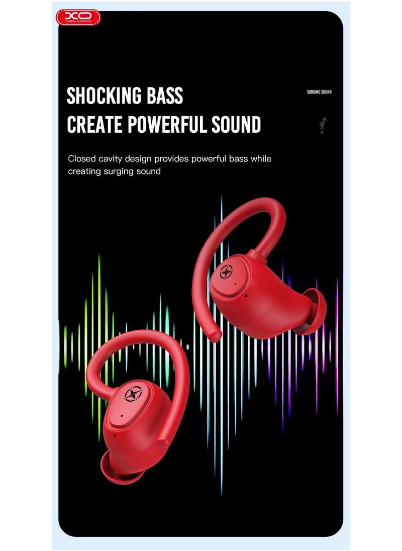 XO - XO G2 Stereo Wireless Earphones Over-Ear Hooks Headphones Bluetooth V5.1 Stereo Sound Wireless Earphones for Gym, Yoga, Running etc (Red) - Image 1