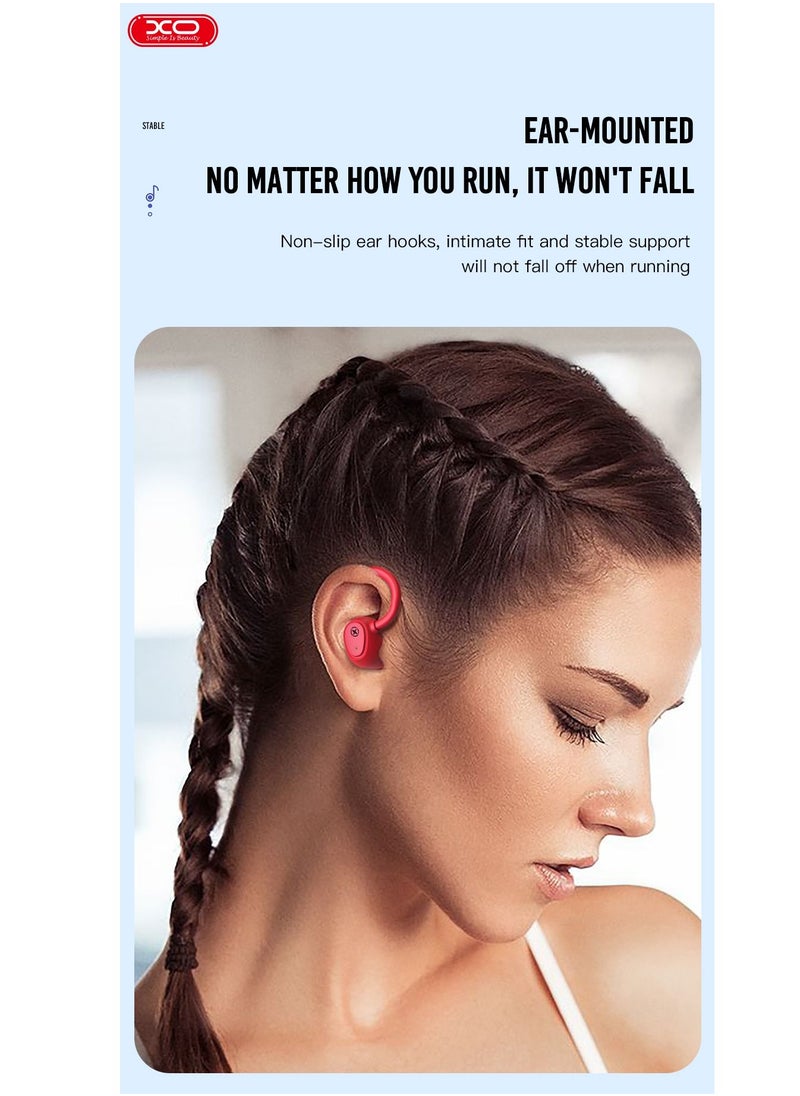 XO - XO G2 Stereo Wireless Earphones Over-Ear Hooks Headphones Bluetooth V5.1 Stereo Sound Wireless Earphones for Gym, Yoga, Running etc (Red) - Image 1