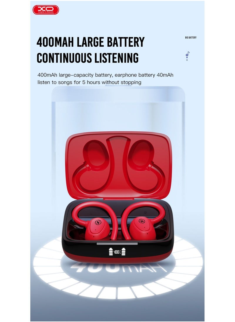 XO - XO G2 Stereo Wireless Earphones Over-Ear Hooks Headphones Bluetooth V5.1 Stereo Sound Wireless Earphones for Gym, Yoga, Running etc (Red) - Image 1