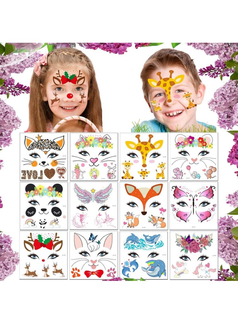saykfoe [12 Pack] Animal Temporary Face Tattoo for Kids, Face Paint Stickers, Birthday Party Supplies Festival Favors - Makeup Skin Decor for Girl Boy - Bunny Butterfly Panda Giraffe Fairy Floral Festival Tattoos - Image 1