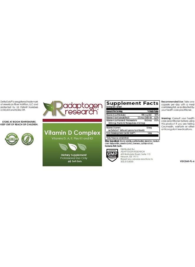 Adaptogen Research Vitamin D Complex | D3 5000IU with Vitamin A, E (tocopherols and tocotrienols), K1 + K2 | Fat Soluble Vitamins Blend | 60 Softgels | Adaptogen Research…  - Image 1