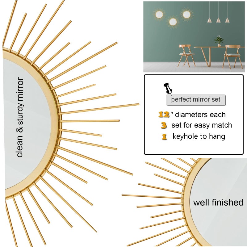 Cityelf 3 Set Gold Sunburst Mirrors for Wall Decorative Metal Mirrors Small Mirror Sets Decor Hanging Mirror Wall Sculpture for Bedroom Living Room Entryway - Image 3