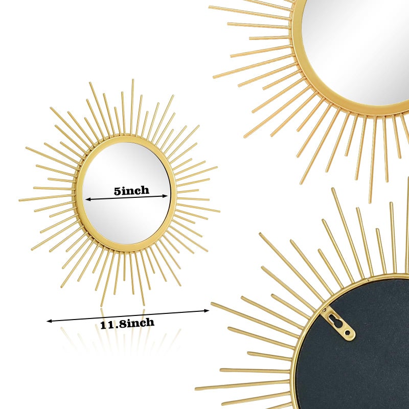 Cityelf 3 Set Gold Sunburst Mirrors for Wall Decorative Metal Mirrors Small Mirror Sets Decor Hanging Mirror Wall Sculpture for Bedroom Living Room Entryway - Image 2